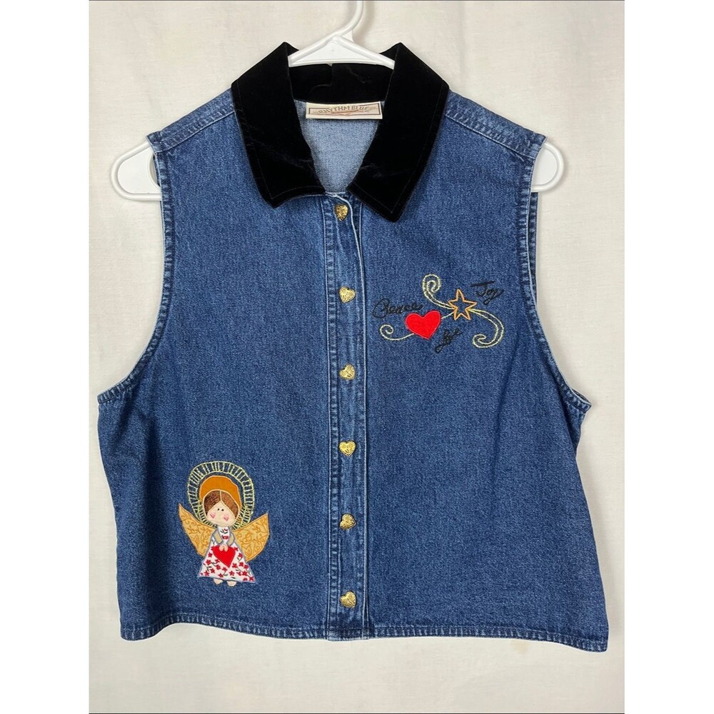 Vintage 1990s Rhythm Blue Denim Christmas Angel Cropped Vest